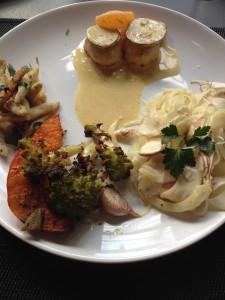 Scallops St. Jacques with Roasted Vegetables and Fennel Salad