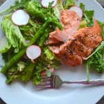 Grilled Salmon over Asparagus, Radish, Baby Red Potatoes and Mixed Greens