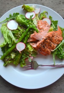 Grilled Salmon over Asparagus, Radish, Baby Red Potatoes and Mixed Greens