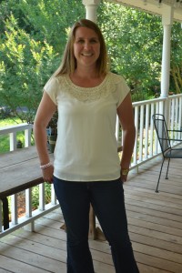 Close up of Fun2Fun Loretta Crochet Detail Cap-Sleeve Blouse