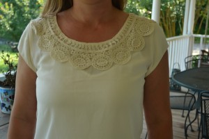 Close up of Fun2Fun Loretta Crochet Detail Cap-Sleeve Blouse