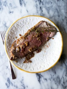 Slice of New York Strip Roast with Champagne Mustard Sauce