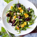 Roasted Beet Salad with Goat Cheese, Kumquats, Pomegranates and Arugula with a Smoky Orange Vinaigrette